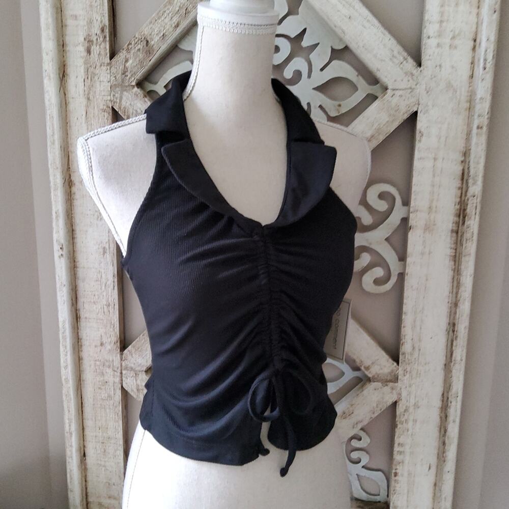 No Comment Black Ruched Tie Front Collared V‑Neck Crop Top XL L Y2K Casual